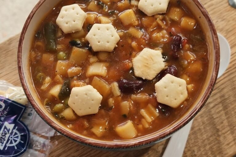 Homemade Italian minestrone soup with vegetables, beans, and pasta at Rosie’s Sidekick Sandwich Shop
