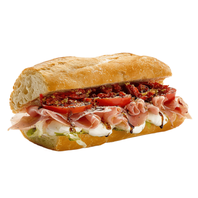 R.O.I. sandwich with Creamy Burrata cheese, thinly sliced prosciutto, sun-dried tomatoes, salt and pepper, topped with balsamic glaze on fresh homemade French bread at Rosie’s Sidekick Sandwich Shop