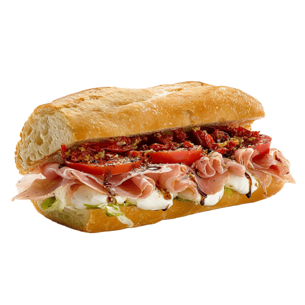 Rosies-Sidekick-ROI-Right-Outta-Italy-Sandwich R.O.I. sandwich with Creamy Burrata cheese, thinly sliced prosciutto, sun-dried tomatoes, salt and pepper, topped with balsamic glaze on fresh homemade French bread at Rosie’s Sidekick Sandwich Shop