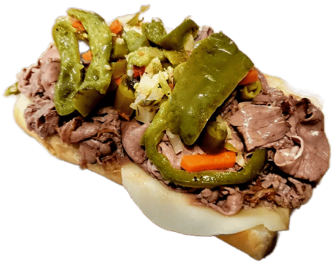 Homemade Italian beef sandwich with hot giardiniera, sweet peppers and melted cheese on homemade French bread at Rosie’s Sidekick Sandwich Shop Logan Square