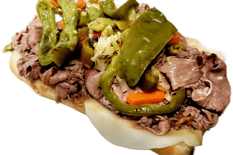 Homemade Italian beef sandwich with hot giardiniera, sweet peppers and melted cheese on homemade French bread at Rosie’s Sidekick Sandwich Shop Logan Square