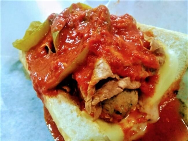 Italian 100% pure beef meatballs and italian beef sandwich with giardiniera and melted cheese on fresh baked bread at Rosie’s Sidekick Logan Square & Rosie's Sidekick Schaumburg