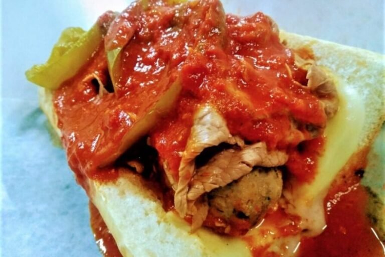 Italian 100% pure beef meatballs and italian beef sandwich with giardiniera and melted cheese on fresh baked bread at Rosie’s Sidekick Logan Square & Rosie's Sidekick Schaumburg